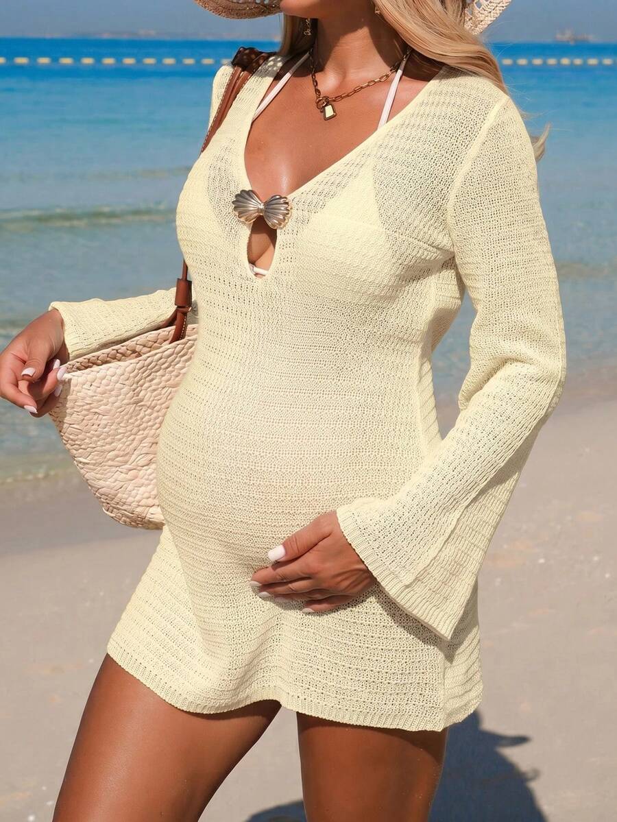 Momance 26SS Summer Beach Vacation Knit Shell Maternity Cover-Up - Kuning - View 1