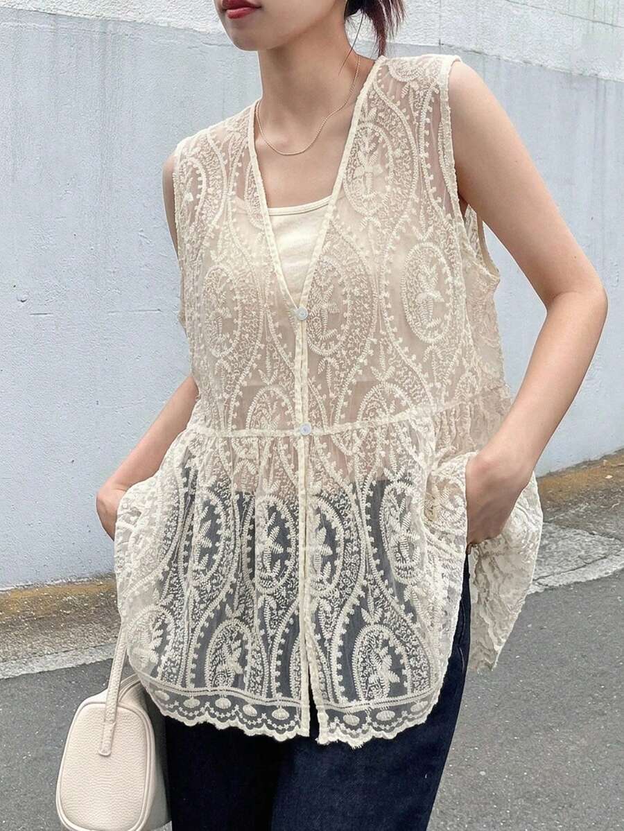 FRIFUL 女款 V 領紋理布料寬鬆版型無袖常規背心外套 夏季 - 杏色 - 查看 1