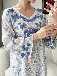 Al Najma Loose Fit White & Blue Butterfly Print Embellished Long Dress, Spring/Summer - Multicolor - View 6