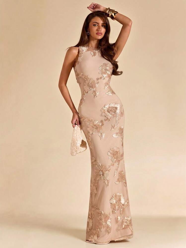 SHEIN BAE 春夏純色黃色紋理提花無袖極簡修身長版優雅洋裝，早午餐洋裝，婚禮賓客服裝，雞尾酒長洋裝，優雅洋裝，黃色花卉袖洋裝，度假海灘洋裝 - 卡其色 - 查看 4