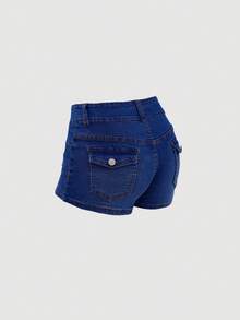 SHEIN 夏季中腰彈性緊身牛仔短褲 - 深色水洗藍 - 查看 2