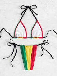 SHEIN Swim Summer Beach Women's Striped Multicolor Halter Neck Tie Bikini Set - Multicolor - View 2