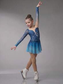 SHEIN Tween Girls Light Blue Figure Skating Dress, High Elasticity Slim Fit With Galaxy-Inspired Print, Rhinestone, Mesh Skirt, Dance Daily Training Autumn - Dark Green - View 2