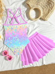 SHEIN 少女漸層愛心印花一件式泳衣附罩裙，適合游泳、夏季度假、海灘與海濱 - 彩色 - 查看 2