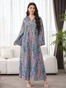 SHEIN Najma 女款花卉印花休閒派對旅行阿拉伯風洋裝 - 藍色 - 查看 5