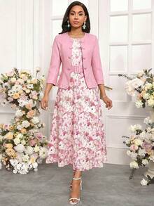 SHEIN Lady 優雅兩件式素色外套搭配長款印花女款蓮藕粉洋裝，四季皆宜 - 藕粉色 - 查看 5