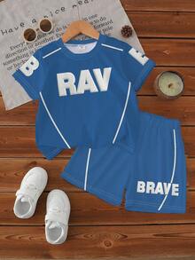 小男孩休閒2件組夏季套裝，字母「BRAVE」印花短袖圓領T恤與彈性腰圍短褲套組，街頭風日常穿著與戶外活動適用 - 彩色 - 查看 3