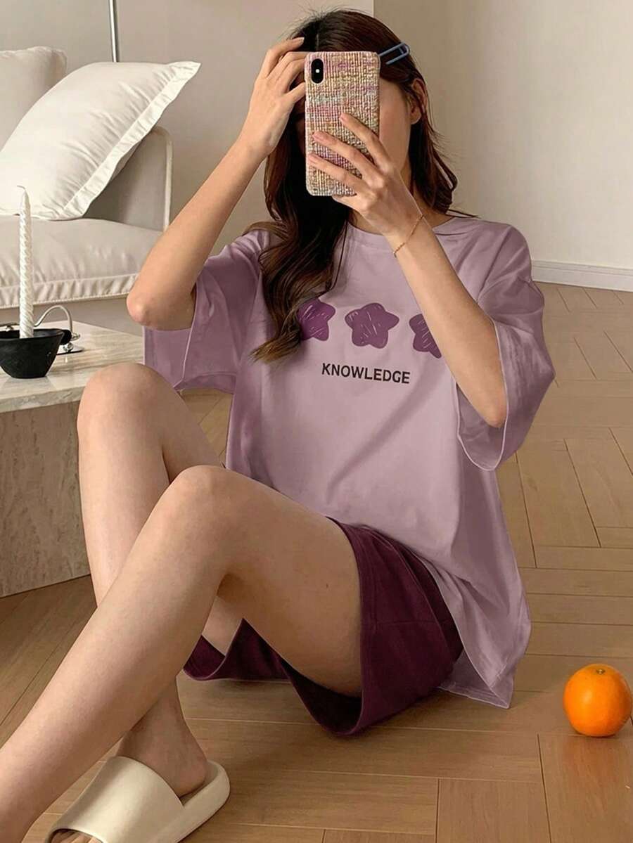 DAZY 極簡星星印花寬鬆短袖上衣與長褲 2 件組女款居家服套裝 夏季睡衣 - 淺灰紫 - 查看 1