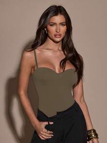 SHEIN BAE 女款素色貼身百搭日常外出細肩帶連身衣 - 軍綠色 - 查看 5
