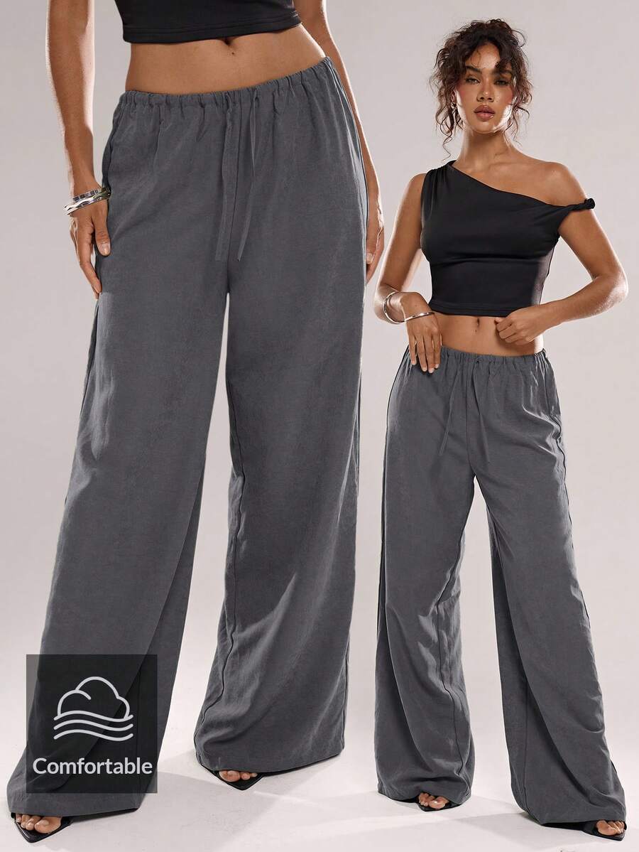 Avantive Women's Drawstring Loose Comfortable Wide Leg Long Pants - Light Grey - View 1