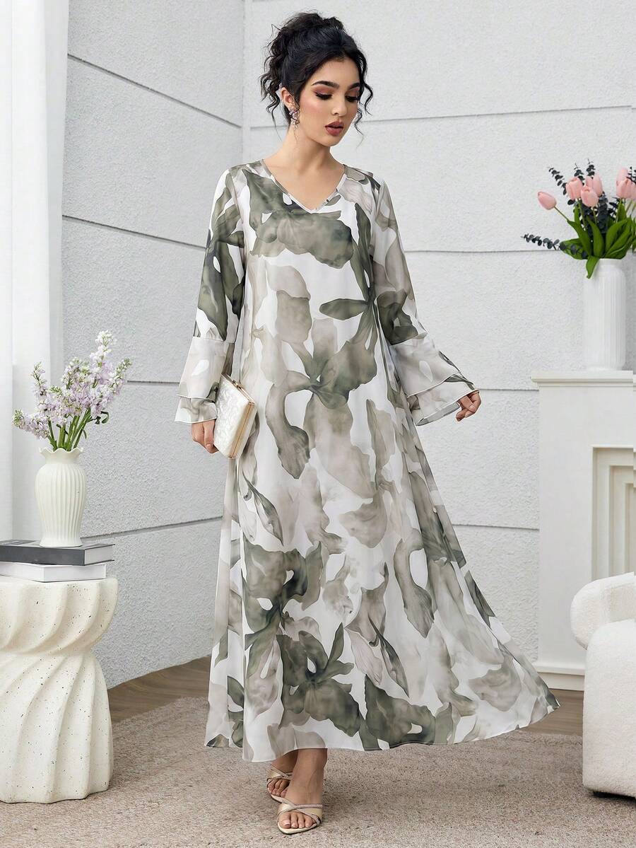 Yasmyna Women's Fashionable Ink Painting Design Versatile Long Sleeve Arabian Dress - Green - View 1