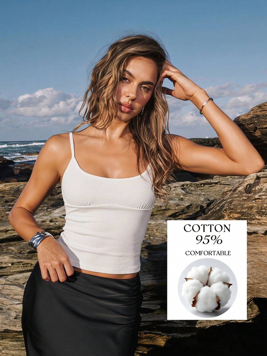 Opulessa Women's Solid Color Knit Fitted Camisole, Suitable For Spring/Summer Vacation Golf White Basic - White - View 1
