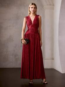 MOTF PREMIUM WOMEN'S SOLID COLOR TEXTURED FABRIC PLEATED KNOT SLEEVELESS FITTED WAIST DRESS - Red - View 5