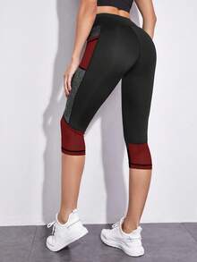 Gameset SHEIN Sport 女款拼色宽腰运动紧身裤，带手机口袋，瑜伽裤 - 酒紅色 - 查看 3