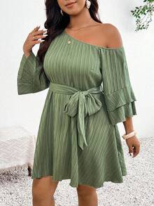 SHEIN Frenchy Plus Size Autumn Belted Asymmetrical Neckline Ruffle Sleeve One Shoulder Dress Elegant Vacation Going Out Cocktail Tea Party Wedding Guest Sage Green - Green - View 7