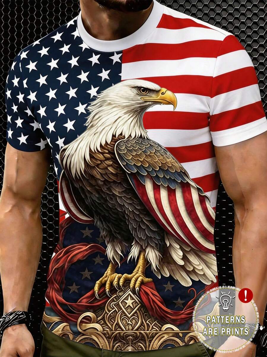 Manfinity Dauomo Kaos Pria Lengan Pendek Motif Bendera Elang Hari Kemerdekaan Amerika, Cetak Digital, Warna Biru Tua dan Putih, Gaya Kasual Musim Panas - MultiWarna - View 1