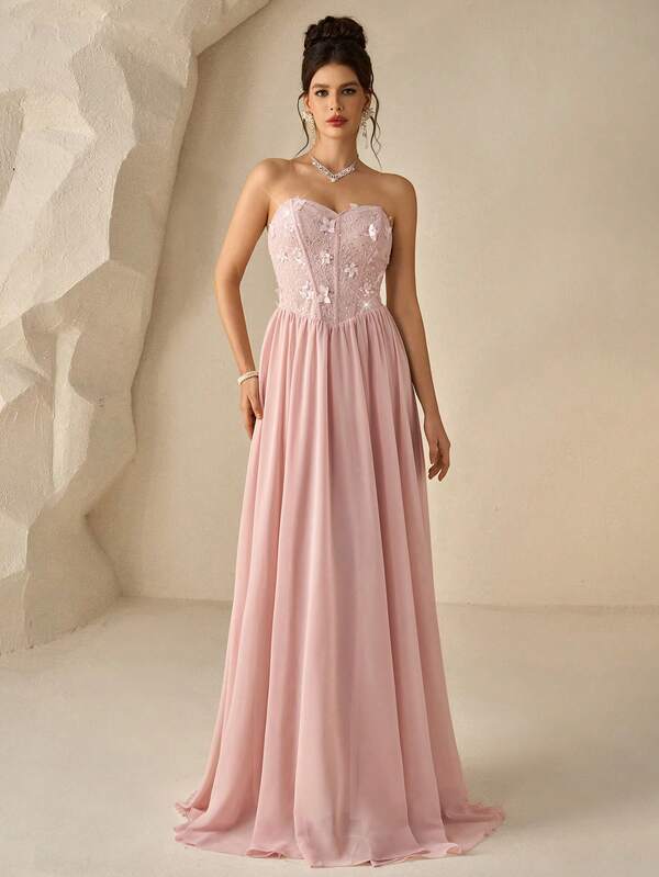 Coutiva Women's Beaded Chiffon Maxi Cocktail Dress Elegant Party Pink 3D Flowers  Festival Vacation  SequinFormal Evening GownFloral Sequin Ribbon Design