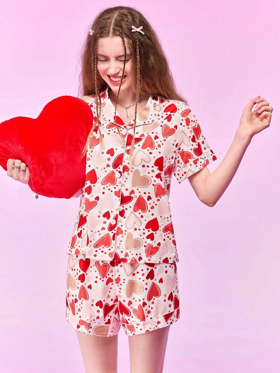 Notgurli Women's Heart Pattern Casual & Home Wear 2-Piece Open Front Set - Pink - View 1