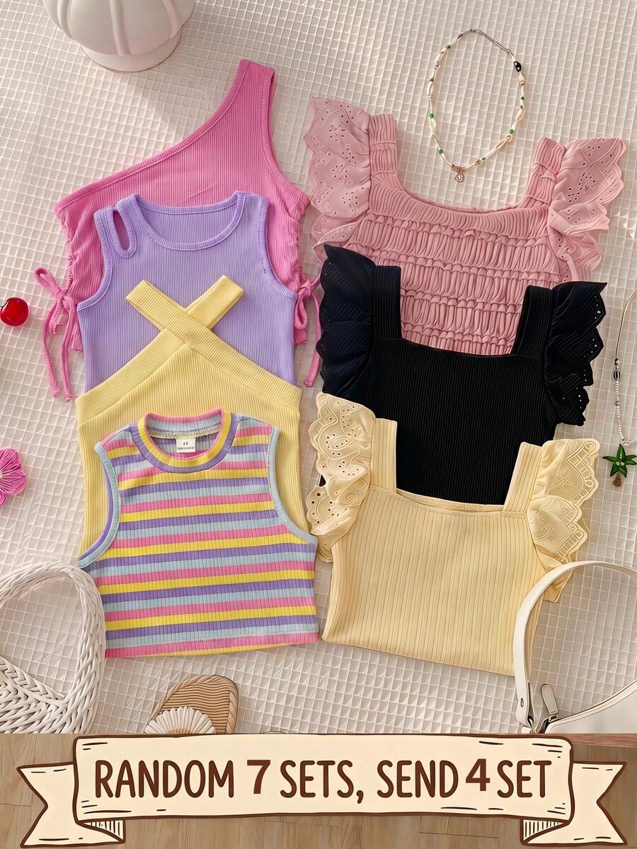 4pcs Young Girl Solid Color Heart Pattern Knit Vest Set - Multicolor - View 1