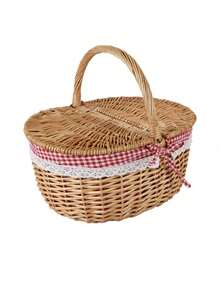 1 pieza Cesta de picnic de mimbre tejida a mano con tapa & asa, cesta tejida natural para almacenamiento de alimentos, camping, compras & decoración del hogar. Existe una ligera variación de color, sin impacto en el uso y la apariencia. - Cesta de picnic - Ver 8