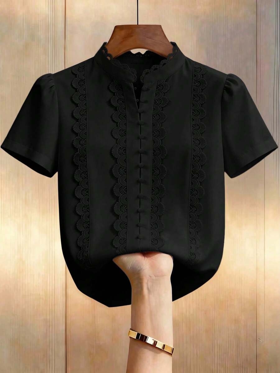 SHEIN LUNE CURVE 大码休闲纯色短袖衬衫,夏季 - 黑色 - 查看 1