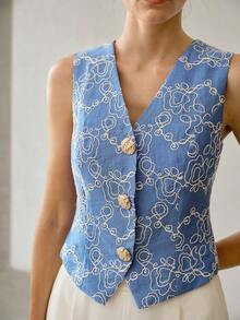 MOTF PREMIUM WOMEN'S EMBROIDERED DETAIL FRONT BUTTON VEST JACKET - Blue - View 3