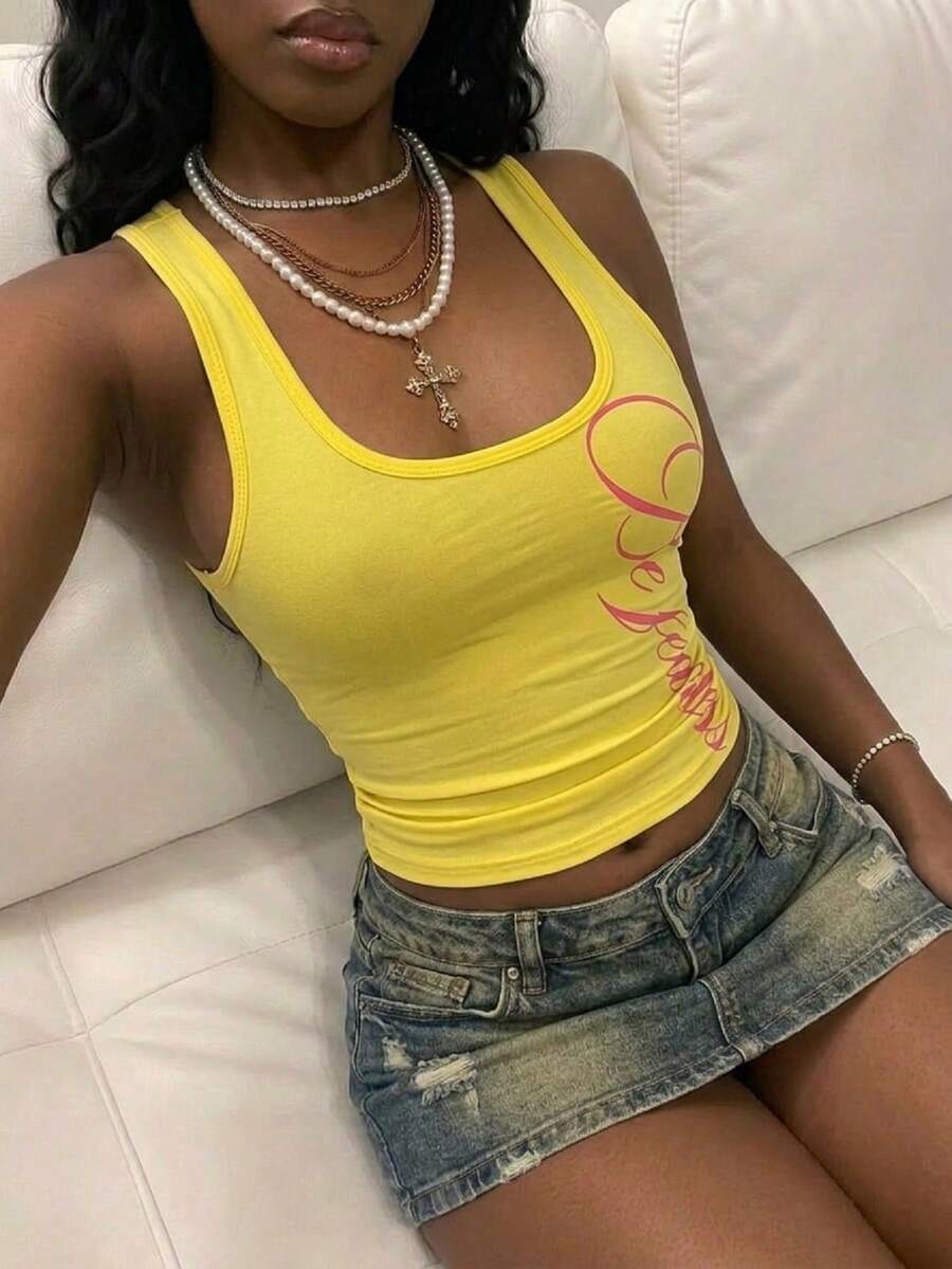Fiercella Fiercella 女士黑色百搭通勤U领银色英文字母印花街头风修身吊带背心,适合春夏穿着 - 黃色 - 查看 1