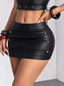 Jeanoix Women's Y2K Summer Faux Leather Coated Napoleon Style Skirt - Black - View 5