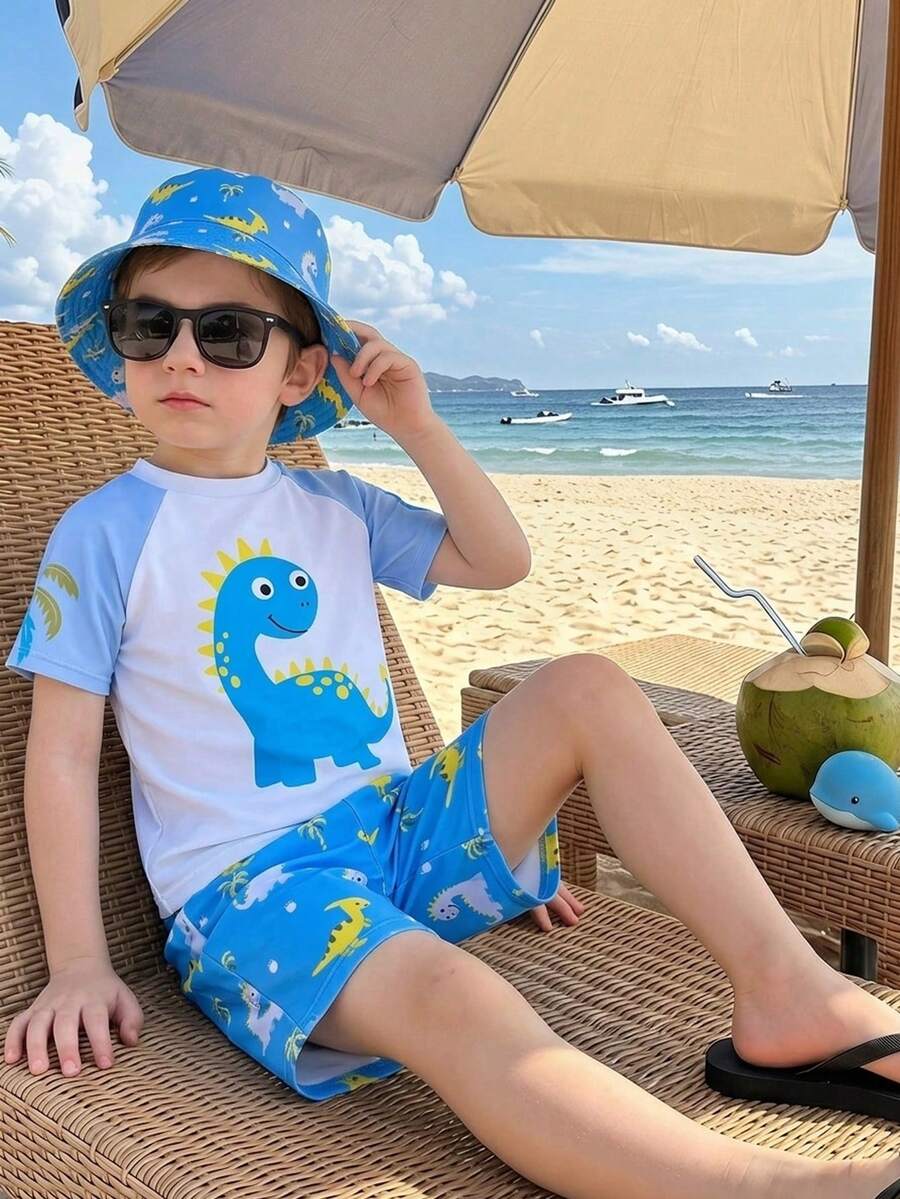 SHEIN 2pcs Kids Boys Casual Versatile Cute Dinosaur Print Round Neck Short Sleeve Swimsuit & Gradient Palm Tree Print Swim Trunks Set - Blue - View 1