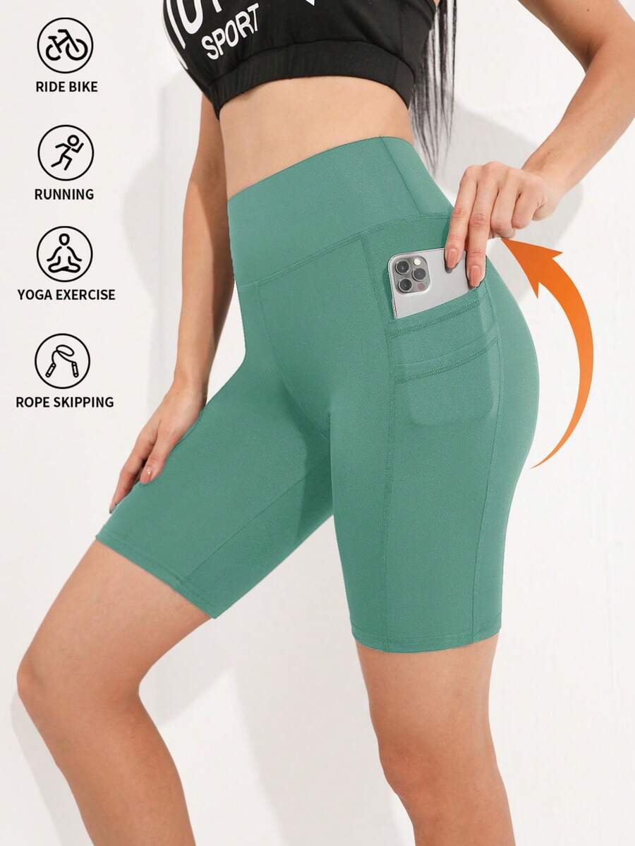 SHEIN Sports 女款夏季極簡純色高腰塑身提臀運動短褲 - 薄荷綠 - 查看 1