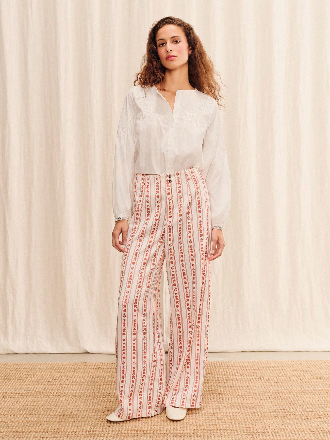 White High Waisted Floral Trouser With Straight Loose Fit Leg Summer Holiday Business Casual Pants