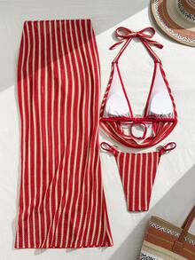 Swim Oasis 女款 26 春夏新款鉤編面料垂領露背三角上衣配貝殼金屬裝飾、三角比基尼泳褲與側開衩包臀裙，高級 3 件套 - 紅色 - 查看 3