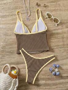 Swim Mod 2件組女款夏季格紋肩帶露背蝴蝶結上衣與比基尼泳褲海灘度假比基尼套裝 - 彩色 - 查看 4
