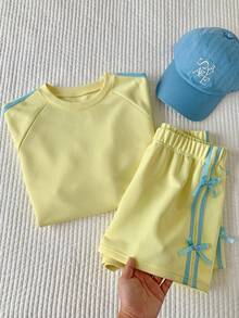 SHEIN Elladie kids Tween Girls Colorblock Short Sleeve T-Shirt And Shorts Set,Sports Style,Soft Summer Colour Palette,Summer,Cute,Vacation,Lightweight Daily Casual Wear - Yellow - View 1