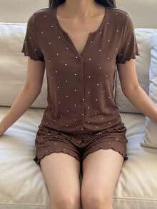 Livesso 女士夏季波点图案开衫短袖上衣和短裤两件套睡衣套装 - 棕色 - 查看 1