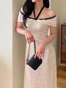 DAZY Damen Mode Elegantes Off-Shoulder langes Kleid Sommer - Aprikosenfarben - Übersicht 3