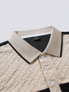 EGENSIO Men's Knitted Jacquard Textured Patchwork Collar Ribbed Cuff 3-Button Polo Shirt, Ceremony - Apricot - View 3