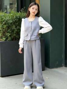 Girls' Colorblock Pearl Decor Cardigan Shacket, Casual Pants - Grey - View 2