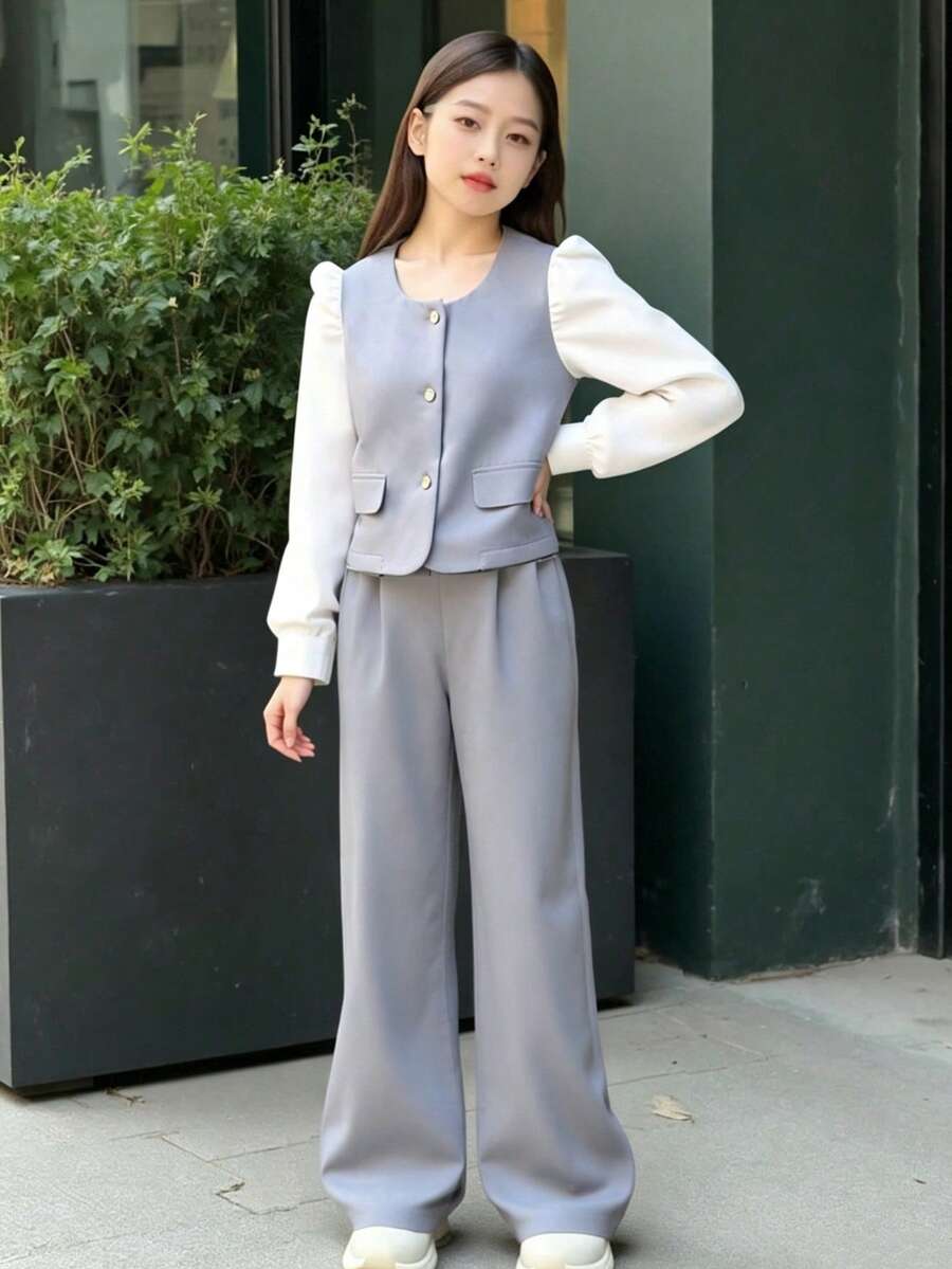 Girls' Colorblock Pearl Decor Cardigan Shacket, Casual Pants