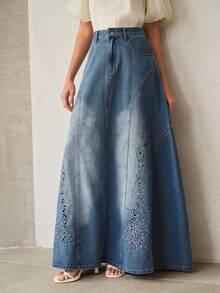 Anewsta Women's Casual Daily Floral Embroidered Washed Denim Skirt - Blue - View 5