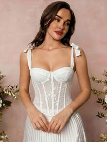 SHEIN Glamour 女款夏季優雅花卉刺繡交叉露背綁帶背心上衣 - 白色 - 查看 3