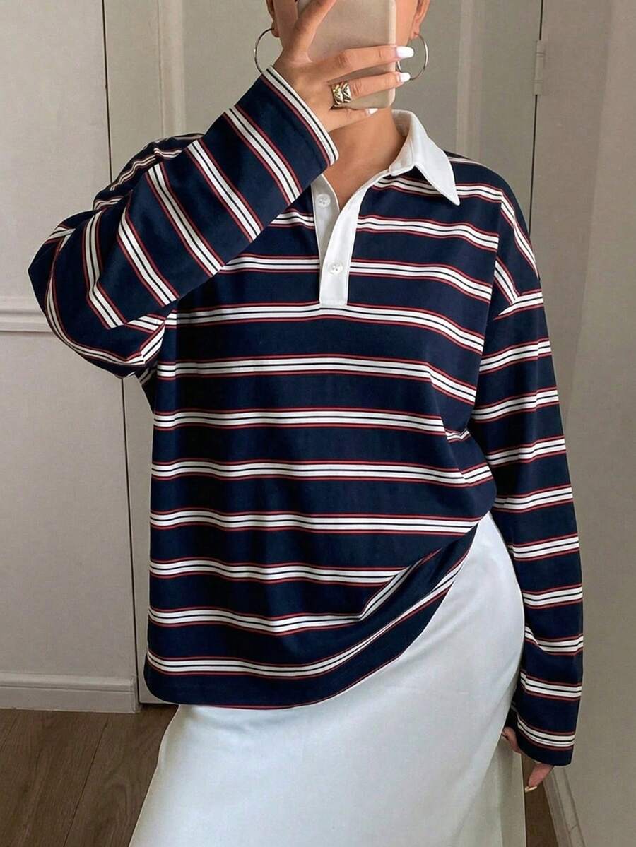 DAZY 拼接撞色寬鬆條紋長袖春夏休閒女款T恤上衣 - 藏蓝色 - 查看 1
