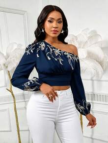 Lyxana Women's Fashion Asymmetric Neck Lantern Sleeve Elastic Cuff Waist-Cinching Blouse, Vacation Print Daily Commute Outing Top - Multicolor - View 5