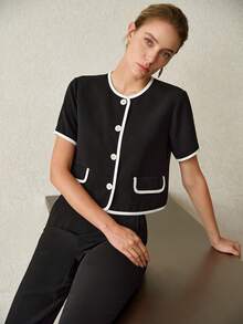 MOTF PREMIUM SUMMER CONTRAST TRIM SHORT SLEEVE SINGLE-BREASTED BUTTON-UP JACKET - Black and White - View 2