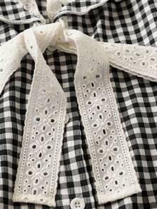 Franclia Plus Size Back-To-School Style Lace Patchwork Collar Plaid Shirt Graduation Black And White Summer Cute - Black - View 3