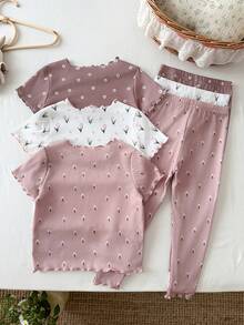 SHEIN 少女 6件/套 可愛碎花寬鬆短袖套頭上衣 & 休閒運動內搭褲套裝 - 彩色 - 查看 2