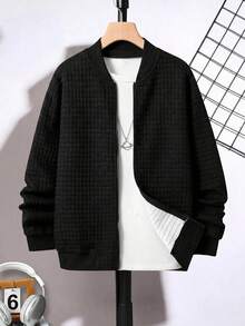 SHEIN 青少年男孩休閒百搭紋理小格紋棒球夾克外套，適合通勤、上學、日常休閒出遊、運動，適用於秋冬季節 - 黑色 - 查看 2