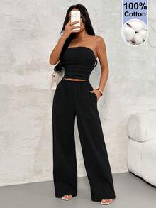 SHEIN PETITE 2件組女款夏季休閒純色抓褶抹胸上衣與長褲套裝，100%棉，舒適，適合春夏度假，黑色，小碼女款 - 綠色 - 查看 4