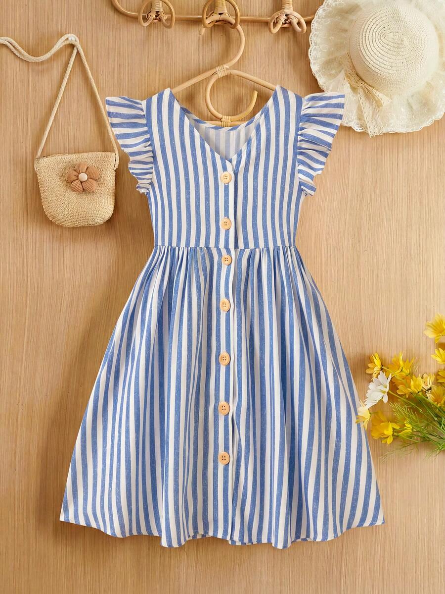 SHEIN Tween Girl Casual Daily Spring/Summer Woven Colorful Striped Sleeveless Dress - Blue - View 1