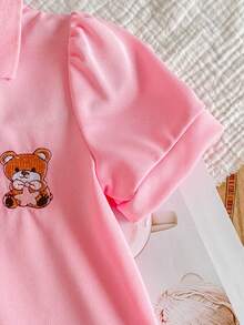 女嬰簡單可愛熊刺繡休閒舒適洋裝 - 粉色 - 查看 5